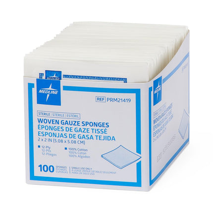 Economical Sterile 100%-Cotton Woven Gauze Sponge, 12-Ply, 2" x 2", 2/pk
